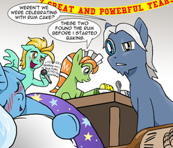 Size: 1024x875 | Tagged: safe, artist:adenyne, derpibooru exclusive, lightning dust, trixie, oc, oc:mary annette, oc:ravenclock, earth pony, pegasus, pony, unicorn, g4, banner, blushing, bottle, cake, drunk, female, food, grammar error, great and powerful, happy birthday mlp:fim, hoof hold, male, mare, microphone, mlp fim's seventh anniversary, party, rainbow (song), rum, singing, sleeping, stallion