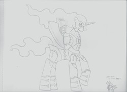 Size: 3507x2551 | Tagged: safe, artist:salandrejerenity989, oc, oc only, oc:dr. stardust sky, oc:miss umbra, alicorn, alien, alien pony, pony, ponytaur, robot, robot pony, giant pony, high res, macro, mecha, size difference, this will end in death, traditional art