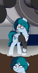 Size: 1799x3431 | Tagged: safe, artist:shinodage, oc, oc only, oc:delta vee, pegasus, pony, business suit, clothes, delta vee's junkyard, female, glasses, mare, solo, thought bubble