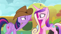 Size: 480x270 | Tagged: safe, screencap, princess cadance, twilight sparkle, alicorn, pony, g4, once upon a zeppelin, animated, cowboy hat, cute, duo, duo female, female, folded wings, gif, hat, one eye closed, sisters-in-law, twiabetes, twilight sparkle (alicorn), unconvincing, waving, wing hands, wing wave, wings, wink