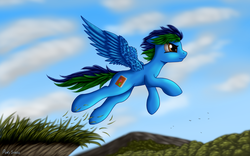 Size: 2560x1600 | Tagged: safe, artist:pony-stark, oc, oc only, pegasus, pony, cloud, determined, flying, grass, jumping, male, mountain, outdoors, signature, sky, solo, spread wings, stallion, wings