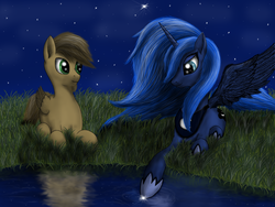 Size: 1600x1200 | Tagged: safe, artist:pony-stark, princess luna, oc, alicorn, pegasus, pony, g4, eye reflection, female, folded wings, grass, lake, lidded eyes, male, mare, missing accessory, night, outdoors, prone, reflection, sky, spread wings, stallion, stars, water, wings