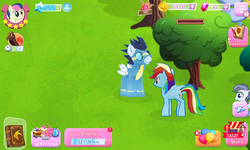 Size: 800x480 | Tagged: safe, gameloft, screencap, bon bon, rainbow dash, shady daze, soarin', sweetie drops, earth pony, pony, g4, mobile game