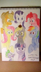 Size: 912x1600 | Tagged: safe, artist:scraggleman, applejack, derpy hooves, fluttershy, pinkie pie, rainbow dash, rarity, spike, twilight sparkle, dragon, g4, candle, food, happy birthday mlp:fim, mane seven, mane six, mlp fim's seventh anniversary, muffin, traditional art, watercolor painting