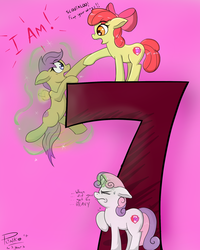Size: 1593x1989 | Tagged: safe, artist:plinko, derpibooru exclusive, apple bloom, scootaloo, sweetie belle, earth pony, pegasus, pony, unicorn, g4, 7, climbing, cutie mark crusaders, czuboxs dick length in mm, female, filly, happy birthday mlp:fim, magic, mlp fim's seventh anniversary, number, seven