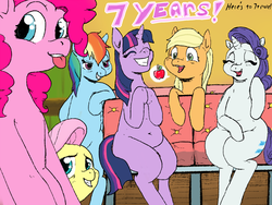 Size: 1000x750 | Tagged: safe, artist:tacodeltaco, applejack, fluttershy, pinkie pie, rainbow dash, rarity, twilight sparkle, apple, chubby, food, happy birthday mlp:fim, looking at you, mane six, mlp fim's seventh anniversary, plump, selfie, smiling, speech bubble, tongue out
