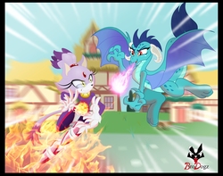Size: 1762x1388 | Tagged: safe, artist:brodogz, princess ember, dragon, g4, blaze the cat, commission, crossover, fight, fire, fireball, ponyville, sonic the hedgehog (series)