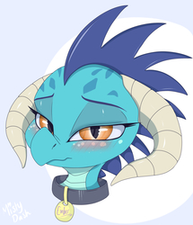 Size: 2904x3369 | Tagged: safe, artist:mistydash, princess ember, dragon, g4, bedroom eyes, blushing, bust, collar, cute, dragoness, female, high res, looking at you, pet tag, solo