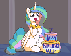 Size: 7209x5712 | Tagged: safe, artist:pabbley, princess celestia, alicorn, pony, g4, absurd resolution, belly button, cake, cakelestia, cheerful, chubby, crown, cute, cutelestia, eye clipping through hair, eyebrows, eyebrows visible through hair, female, food, happy birthday mlp:fim, hoof shoes, jewelry, looking down, mare, mlp fim's seventh anniversary, multicolored mane, multicolored tail, open mouth, open smile, plump, praise the sun, purple eyes, regalia, royalty, sillestia, silly, sitting, smiling, solo, tiara, wings
