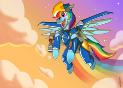 Size: 1926x1370 | Tagged: safe, artist:daikaiju-danielle, rainbow dash, g4, crossover, female, flying, overwatch, pharah, solo