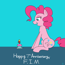 Size: 1000x1000 | Tagged: safe, artist:feralroku, derpibooru exclusive, pinkie pie, g4, fairyversary muffin, female, food, happy birthday mlp:fim, lidded eyes, mlp fim's seventh anniversary, muffin, sitting, smiling, solo, the fairly oddparents