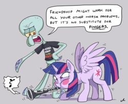 Size: 6400x5200 | Tagged: safe, artist:docwario, twilight sparkle, alicorn, pony, g4, absurd resolution, blushing, clarinet, clothes, crossover, dialogue, female, horse problems, hypocritical humor, implied fluttermac, implied shipping, implied straight, male, mare, musical instrument, shirt, simple background, spongebob squarepants, squidward tentacles, twilight sparkle (alicorn)