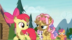 Size: 1037x584 | Tagged: safe, screencap, apple bloom, kettle corn, scootaloo, sweetie belle, g4, marks and recreation, bedroom eyes, cutie mark crusaders, mud