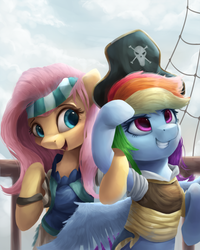 Size: 800x1000 | Tagged: safe, artist:vanillaghosties, fluttershy, rainbow dash, pegasus, pony, g4, my little pony: the movie, clothes, duo, duo female, female, hat, mare, multicolored hair, pirate, pirate hat, pirate ship, ship, smiling