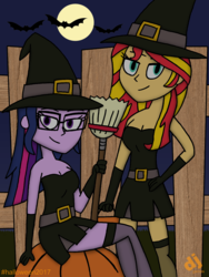 Size: 1200x1600 | Tagged: safe, artist:djgames, sci-twi, sunset shimmer, twilight sparkle, bat, equestria girls, g4, broom, clothes, costume, crossed legs, fence, full moon, halloween, hat, holiday, moon, night, pumpkin, sitting, witch, witch hat