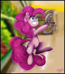 Size: 4944x5619 | Tagged: safe, artist:sayonaramisse, pinkie pie, alien, xenomorph, g4, absurd resolution, alien (franchise), cane, chestburster, crossover, fanart mashup challenge, female, grocery store, hat, solo, spaceballs the tag