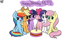 Size: 1920x1080 | Tagged: safe, artist:php142, applejack, fluttershy, pinkie pie, rainbow dash, rarity, twilight sparkle, alicorn, pony, g4, anniversary, cake, cute, food, happy birthday mlp:fim, looking at you, mane six, mlp anniversary, mlp fim's seventh anniversary, one eye closed, simple background, tongue out, twilight sparkle (alicorn), wallpaper, white background, wink