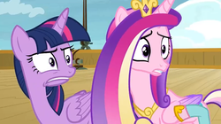 Size: 1067x597 | Tagged: safe, screencap, princess cadance, twilight sparkle, alicorn, pony, g4, once upon a zeppelin, faic, grimace, sisters-in-law, twilight sparkle (alicorn)