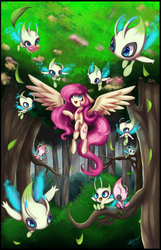 Size: 5429x8451 | Tagged: safe, artist:sayonaramisse, fluttershy, celebi, pony, g4, absurd resolution, crossover, cute, flying, forest, nintendo, pokémon, smiling, tree