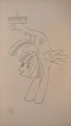 Size: 1402x2491 | Tagged: safe, artist:zeb, blossomforth, pegasus, pony, g4, backbend, birthday cake, cake, candle, female, flexible, food, freckles, handstand, happy birthday mlp:fim, mare, mlp fim's seventh anniversary, monochrome, simple background, solo, traditional art, upside down, white background
