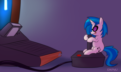 Size: 1000x600 | Tagged: safe, artist:empyu, dj pon-3, vinyl scratch, pony, unicorn, g4, atari, atari 2600, controller, female, joystick, mare, micro, solo, tiny ponies