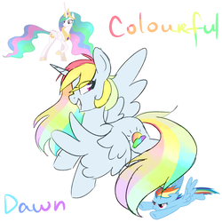 Size: 1400x1400 | Tagged: safe, artist:koteikow, princess celestia, rainbow dash, oc, g4, fusion, rainbow hair, simple background, white background