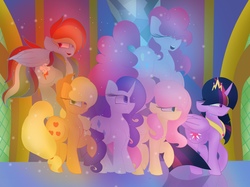 Size: 2732x2048 | Tagged: safe, artist:littlelynxs04, applejack, fluttershy, pinkie pie, rainbow dash, rarity, twilight sparkle, alicorn, ghost, pony, g4, crying, curved horn, female, flutterghost, high res, horn, immortality, immortality blues, mane six, mare, remembrance (audio drama), twilight sparkle (alicorn), twilight will outlive her friends