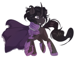 Size: 1905x1479 | Tagged: safe, artist:beardie, oc, oc only, oc:vazuria, pony, unicorn, armor, cape, clothes, curved horn, horn, horseshoes, patreon, patreon reward, simple background, transparent background