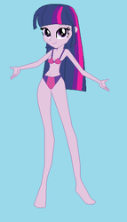 Size: 346x606 | Tagged: safe, artist:dinalfos5, twilight sparkle, human, equestria girls, g4, barefoot, base used, belly, belly button, bikini, blue background, clothes, feet, female, simple background, solo, swimsuit