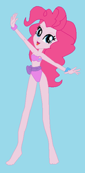 Size: 288x583 | Tagged: safe, artist:dinalfos5, pinkie pie, human, equestria girls, g4, barefoot, base used, belly, bikini, blue background, clothes, feet, female, sash, simple background, solo, swimsuit