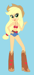 Size: 287x640 | Tagged: safe, artist:dinalfos5, applejack, human, equestria girls, g4, base used, belly, bikini, blue background, boots, clothes, denim, denim shorts, female, shoes, shorts, simple background, solo, swimsuit