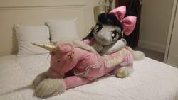 Size: 5312x2988 | Tagged: safe, artist:bigsexyplush, artist:somethingaboutoctavia, octavia melody, unicorn, anthro, unguligrade anthro, g4, anthro plushie, arm hooves, bed, bedroom eyes, bow, clothes, costume, cute, doll, female, frilly, hooves, irl, lace, lacy, lying on top of someone, outfit, photo, plushie, socks, socktavia, solo, toy