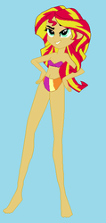 Size: 302x636 | Tagged: safe, artist:dinalfos5, sunset shimmer, human, equestria girls, g4, barefoot, base used, belly, belly button, bikini, blue background, clothes, feet, female, simple background, solo, swimsuit