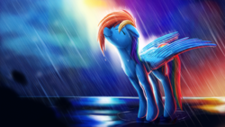Size: 1920x1080 | Tagged: safe, artist:camyllea, rainbow dash, pegasus, pony, g4, backwards cutie mark, cute, eyes closed, female, floppy ears, looking up, mare, outdoors, rain, redraw, smiling, solo, standing, wallpaper, wet mane
