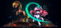 Size: 1024x474 | Tagged: safe, artist:wilvarin-liadon, oc, oc only, oc:rose quartz, oc:vermillion, earth pony, pony, unicorn, fanfic:the world is filled with monsters, duo, fanfic, fanfic art, fanfic cover, female, glowing horn, horn, magic, male, mare, rearing, serious, serious face, stallion