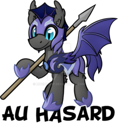 Size: 800x844 | Tagged: safe, artist:moemneop, oc, oc only, oc:au hasard, bat pony, pony, armor, male, night guard, simple background, solo, spear, stallion, transparent background, watermark, weapon