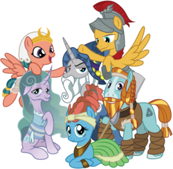 Size: 8192x7981 | Tagged: safe, artist:amarthgul, flash magnus, meadowbrook, mistmane, rockhoof, somnambula, star swirl the bearded, earth pony, pegasus, pony, unicorn, g4, legends of magic, shadow play, absurd resolution, curved horn, female, horn, male, mane six opening poses, mare, pillars of equestria, prone, simple background, spade, stallion, transparent background, vector