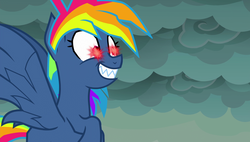 Size: 1920x1090 | Tagged: safe, screencap, rainbow dash, g4, secrets and pies, adorapiehater, animation error, cute, evil pie hater dash, excited, female, flying, gritted teeth, imminent eye beams, layering error, nightmare, smiling, solo, story in the comments, when she smiles