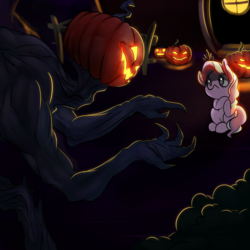 Size: 1000x1000 | Tagged: safe, artist:xxmarkingxx, diamond tiara, earth pony, pony, g4, female, filly, halloween, holiday, jack-o-lantern, monster, pumpkin, tree