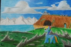 Size: 2745x1821 | Tagged: safe, artist:ironbeastz, rainbow dash, pony, g4, cave, female, ocean, scenery, solo, traditional art