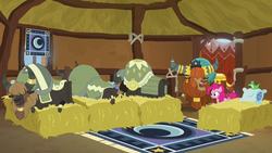 Size: 1280x720 | Tagged: safe, screencap, gummy, pinkie pie, prince rutherford, yvette, earth pony, pony, yak, g4, not asking for trouble, female, hay, hay bale, male, mare, pillow, sleeping, unnamed character, unnamed yak