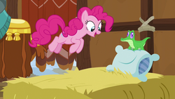 Size: 1280x720 | Tagged: safe, screencap, gummy, pinkie pie, prince rutherford, pony, yak, g4, not asking for trouble, hay, hay bale, pillow