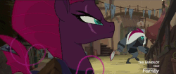 Size: 960x404 | Tagged: safe, screencap, tempest shadow, pony, unicorn, g4, my little pony: the movie, the making of my little pony: the movie, animated, discovery family logo, female, frown, gif, glare, hair, implied pinkie pie, klugetown, raised eyebrow, storm guard