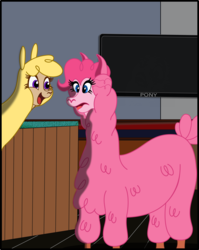 Size: 2970x3727 | Tagged: safe, artist:physicrodrigo, part of a set, paprika (tfh), pinkie pie, alpaca, them's fightin' herds, g4, bar, community related, crossover, duo, excited, happy, high res, llamafied, open mouth, part of a series, pony (sony), pun, smiling, sony, species swap, story included, television, transformation, transformation sequence, transformed