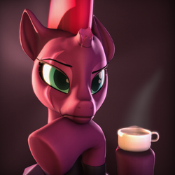 Size: 2160x2160 | Tagged: safe, artist:imafutureguitarhero, tempest shadow, pony, unicorn, g4, my little pony: the movie, 3d, anatomically incorrect, broken horn, clothes, coffee, cup, eye scar, female, free form jazz, high res, hoof hold, horn, meme, rage face, raised eyebrow, scar, simple background, solo, source filmmaker, steam, thinking