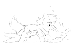 Size: 2498x1561 | Tagged: safe, artist:pzkratzer, oc, oc only, pony, sea pony, belly button, bubble, duo, kissing, monochrome, shipping, sketch, underwater