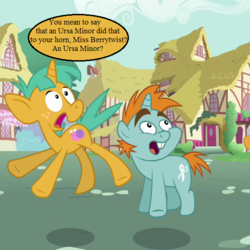 Size: 539x540 | Tagged: safe, edit, edited screencap, editor:korora, screencap, carrot top, golden harvest, snails, snips, g4, magic duel, my little pony: the movie, cropped, implied fizzlepop berrytwist, implied tempest shadow, ponyville, speech bubble