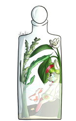 Size: 677x1080 | Tagged: safe, artist:kimkits25, oc, oc only, oc:watermelana, fish, pony, bottle, crying, flower, freckles, gradient hooves, plant, pony in a bottle, solo, water
