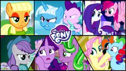 Size: 1280x720 | Tagged: safe, applejack, fluttershy, maud pie, pinkie pie, rainbow dash, rarity, spike, starlight glimmer, trixie, twilight sparkle, alicorn, dragon, earth pony, pegasus, pony, unicorn, g4, putting your hoof down, the cutie re-mark, angry, applejack's hat, backpack, cape, clothes, cowboy hat, dragons riding ponies, duo, female, flying, hat, male, mane eight, mane seven, mane six, open mouth, palette swap, recolor, riding, solo, teeth, trixie's cape, trixie's hat, twilight's castle