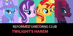 Size: 866x432 | Tagged: safe, starlight glimmer, sunset shimmer, tempest shadow, trixie, pony, unicorn, g4, my little pony: the movie, broken horn, counterparts, female, horn, implied lesbian, implied shipping, mare, scar, twilight's counterparts, twilight's harem